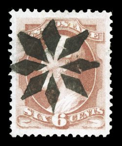 159, 6c Dull rose, a gorgeous gem used example, perfectly centered amid extravagantly large margins, fresh color and paper, superbly postmarked with a perfect central strike of
a fancy rosette of Waterbury, Ct., few slightly nibbed perforati