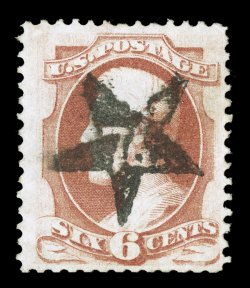 159, 6c Dull rose, used, rich color, beautifully postmarked with a perfect central strike of a fancy negative 76 within solid star cancel, nicely centered, perfs. at bottom
slightly blunted, very fine a gem example of this fancy patriotic