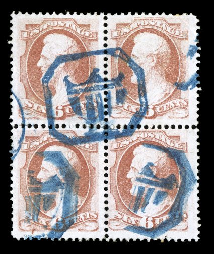 159, 6c Dull rose, an eye-arresting used block of four, wonderfully cancelled with blue fancy shield within an octagonal frame, one superb central strike, along with large
portions of two additional strikes in bottom pair, bright fresh color