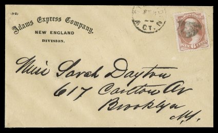 159, 6c Dull rose, well centered single, used on attractive Adams Express CompanyNew EnglandDivision. imprinted cover, with cork postmark, partial West Meriden, Ct. c.d.s.
alongside, addressed to Brooklyn, N.Y. and backstamped there, very fi