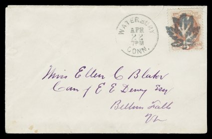 159, 6c Dull rose, nicely centered single tied to clean white cover by an absolutely superb strike of fancy Waterbury maple leaf cancel (Rohloff L-8 rated RRR), with matching
Waterbury, Conn.Apr 22 c.d.s. alongside, addressed to Bellows