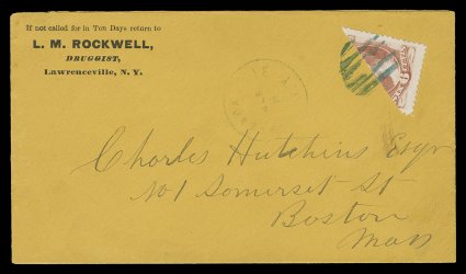 159b, 6c Dull pink, diagonal bisect used as 3c, choice right half with huge margins, well tied to an immaculate orange buff colored cover by blue grid cancel, light matching
Lawrenceville, N.Y. c.d.s. to left, with local druggist return senders