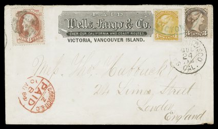 159, 6c Dull pink, used on a Wells, Fargo & Co.Victoria, Vancouver Island. imprinted cover from Victoria to London, England, originally franked with Canada 1c Yellow
imperforate and 3c Vermilion Small Queens (35b, 41) which are tied