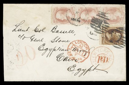 159, 6c Dull pink, used in combination with 2c Brown (157), a vertical strip of three of the former and a single of the latter, tied to 1874 cover from New York City to Cairo,
Egypt by both grid postmarks and New York August 12 datestamps,