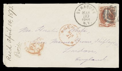 159, 6c Dull rose, a wonderful trio of three choice covers, all from the same 1875 correspondence from Syracuse, N.Y. to London, England, each franked with a single copy of the
6c Dull pink, but each is tied by a different fancy cancel,
