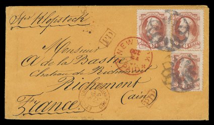 159, 6c Dull pink, a single and a horizontal pair arranged as a block of three, tied to an eye-appealing orange colored 1875 cover from New York City to Richemont, France by
two nearly complete strikes of fancy geometric NYFM cancels,