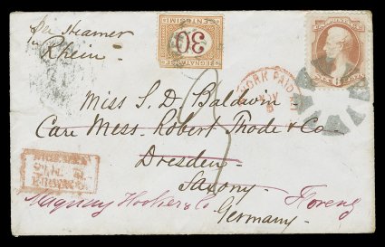 159, 6c Dull pink, well centered single (mild corner crease) tied to attractive 1873 cover from New York City to Dresden, Germany, then forwarded to Florence, Italy, perfect
strike of large open circle of wedges NYFM cancel tying the sta