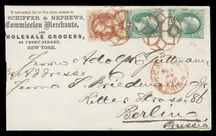 159, 6c Dull pink, used in combination with 3c Green (158), a single of the former and two of the latter, tied to an 1874 cover with a wholesale grocers return address imprint
from New York City to Berlin, Germany, stamps cancelled by two s