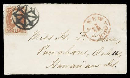 159, 6c Dull rose, just fine single tied to petite cover to Punahou, Oahu, Hawaiian Islands by bold nearly complete strike of fancy geometric NYFM cancel, New YorkJul 12 c.d.s.
at opposite end, very fine a striking cover to Hawaii.
