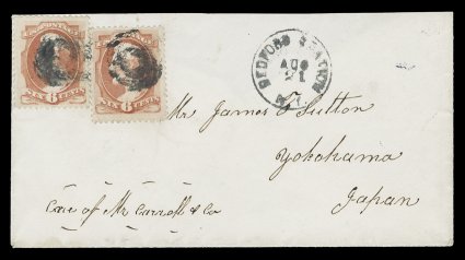 159, 6c Dull rose, two well margined singles, used on rare cover to Yokohama, Japan, Bedford Station, N.Y.Aug 21 (1876) originating c.d.s., red New York transit c.d.s. on
reverse, along with partial Yokohama arrival datestamp, with the tw