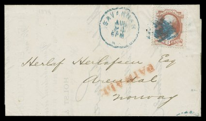 159, 6c Dull rose, well centered single with very large margins, tied to neat 1874 printed circular from Savannah, Georgia to Arendal, Norway by blue cork postmark, matching
blue Savannah, Ga.Aug 24 c.d.s. to left, red straightline Paid