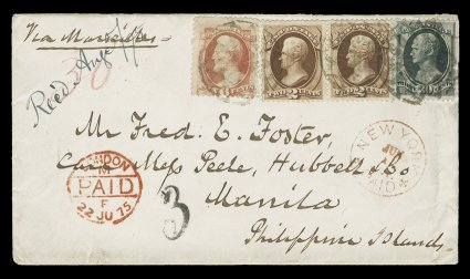 159, 6c Dull rose, used in combination with 2c Brown (157 horizontal pair) and 30c Gray black (165), all tied to an extremely rare 1875 cover to Manila, Philippine Islands from
New York City, all stamps tied by three strikes of fancy ge