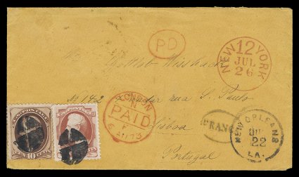159, 6c Dull pink, used in combination with 10c Brown 1870 issue (150), the former extremely well centered, the latter just fine, both tied to an attractive orange colored 1873
cover from New Orleans, La. to Lisbon, Portugal by small quarte