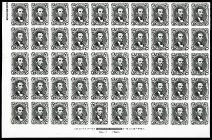 77P4, 15c Black, plate proof on card, a spectacular full imprint and plate No. 41 block of fifty, being the complete lower half of the left pane, with full sheet selvages at
left and at bottom, quite likely the largest intact block of this p