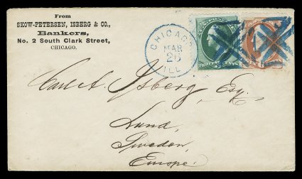 159, 6c Dull pink, used along with 3c Green (158), tied to cover to Lund, Sweden by two bold strikes of blue fancy geometric boxed cancels, 3c also tied by matching Chicago,
Ill.Mar 26 c.d.s., with bankers return address imprint, red