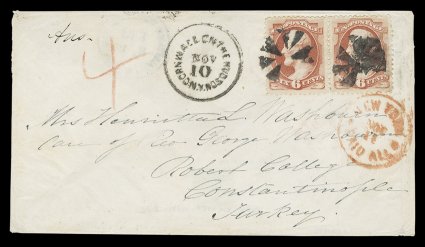 159, 6c Dull pink, fresh horizontal pair, tied to clean tissue paper (1874) cover to Constantinople, Turkey by circle of wedges postmarks, unusual Cornwall Centre Hudson,
N.Y.Nov 10 originating c.d.s. to left, red New York Paid AllNov 1