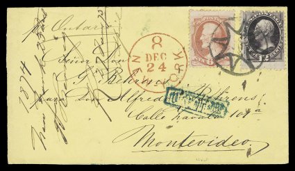 159, 6c Dull pink, used in combination with 12 Blackish violet (162), each slightly off center, tied to yellow colored 1874 cover from New York City to Montevideo, Uruguay by
an excellent single strike of a fancy geometric NYFM cancel,