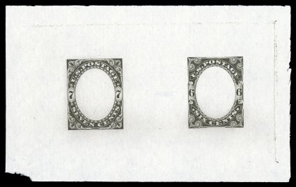 186-E1b, 1879 6c and 7c Philadelphia Bank Note Co. frame essays, side by side, die on proof paper, eight different colors, all full size and fresh, a couple with typical small
hinge thins, overall a very fine and handsome group.