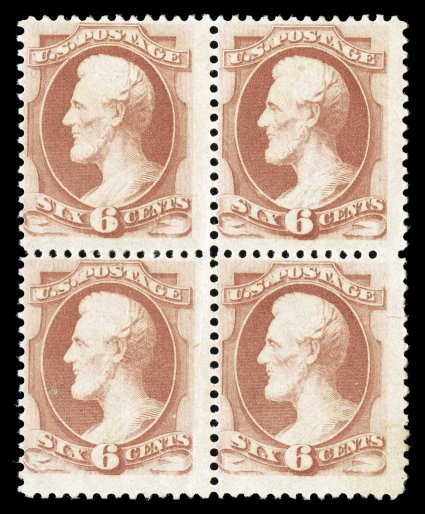 186, 6c Pink, fresh mint block of four, deep rich color, o.g., h.r. on top left stamp, small inclusion on reverse, bottom left stamp with small faults, overall fine for this
very rare mint block.
