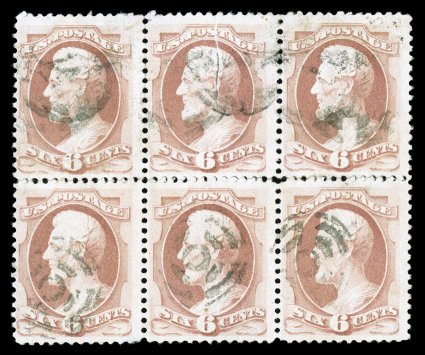 186, 6c Pink, used block of six (3x2), with interesting pre-printing paper fold in top center stamp, light target cancels, rich color, some sensibly reinforced perf.
separations, small flaws including a minor thin in top left stamp, fine-very fi