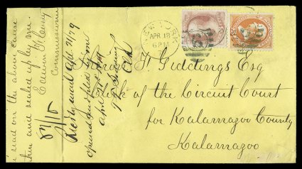 186, 6c Pink, used in combination with 15c Yellow orange 1873 issue (163), tied to refolded 1879 court cover from New York City to Kalamazoo, Mich. by New YorkApr 18 79 duplex
cancels, this being the earliest documented usage of the 1879 6