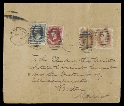 186, 6c Pink, used in combination with 90c Carmine 1870 issue (166) and 30c Gray black 1873 issue (165), a pair of the 6c and singles of the 30c and 90c, all tied to an
extremely rare 1880 court cover by three strikes of New YorkJun 1780 d
