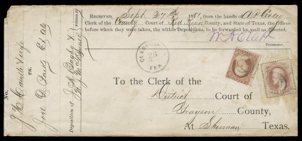 186, 6c Pink, used in combination with demonetized 1857 3c Dull red, Ty. II (26), both lightly tied to legal size 1881 imprinted court cover from Clarendon, Texas to Sherman,
Texas by light target postmarks, Clarendon, Texas c.d.s., Sherman bks