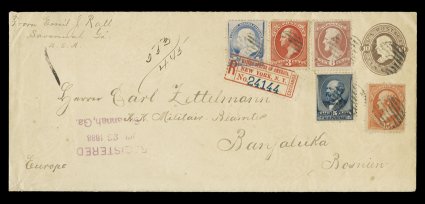 186, 6c Pink, tied together with five different 1c to 15c 1879-88 Bank Note issues (189, 212, 214, 216) on legal size 10c stamped envelope, sent registered from Savannah, Ga.
to Banjaluka, Bosnia, all lightly cancelled with circular gri