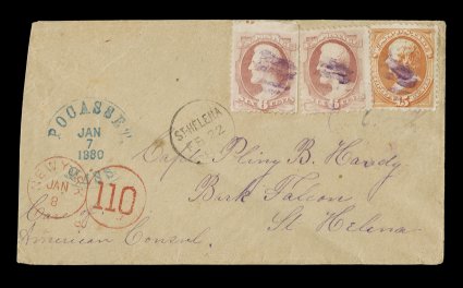 186, 6c Pink, used in combination with 15c Red orange (189), two of the former and one of the latter, used on extremely scarce 1880 cover to St. Helena with purple grid
cancels, blue Pocasset, Mass.Jan 7 1880 originating c.d.s. at left,