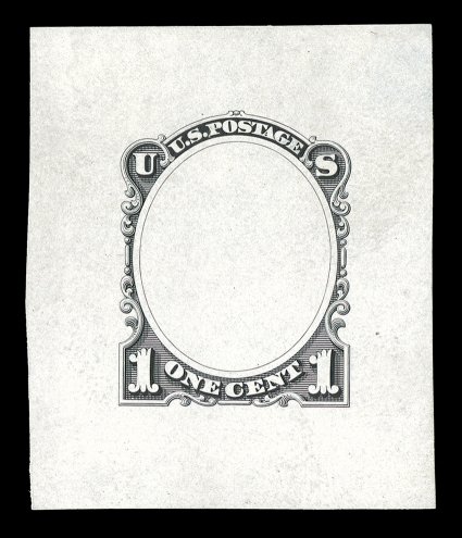 206-E1Ca, 1c Black, frame only die essay of unadopted design on white glazed paper, measuring 36x44mm, small thin spot in corner, otherwise very fine a most handsome and rare
essay ex-Finkelburg.