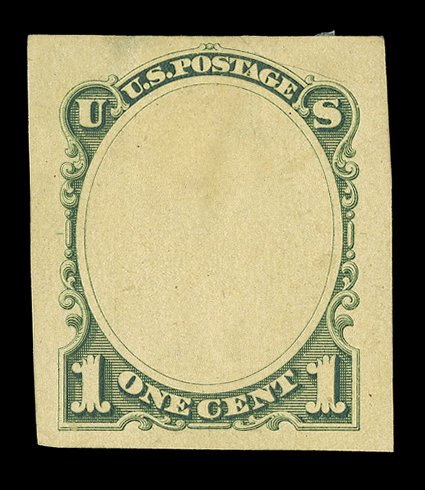 206-EC1b, 1c Frame only, die essay of unadopted design on surface tinted glazed paper, two different, Green on buff and Black on orange, stamp size (as always found), small
thin spots, very fine appearance a seldom seen pair of essays of this u