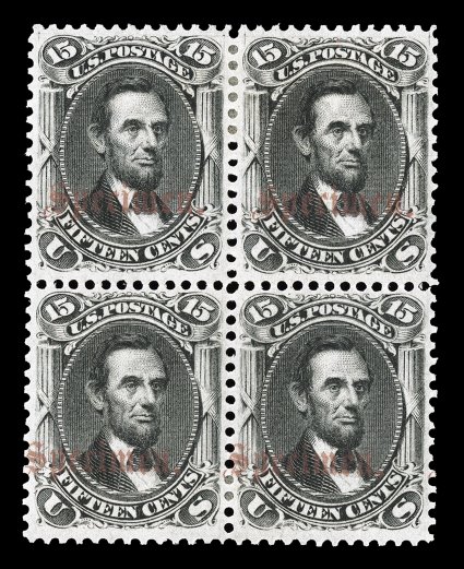 77SB, 15c Black, Specimen overprint Ty. B in vermilion, an exceedingly scarce block of four of this seldom seen Specimen overprint, magnificently centered and unusually fresh,
o.g., minor h.r., extremely fine overprinted for non-postal use