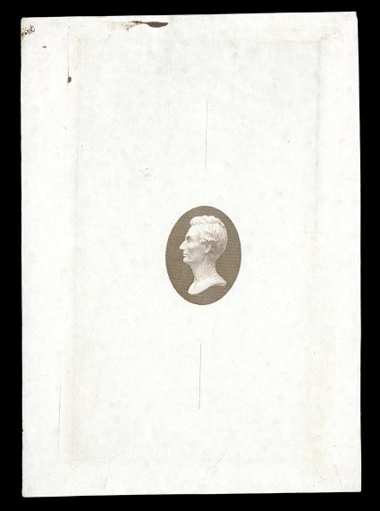 206-E5, (1c) Lincoln, vignette only, Dark yellowish brown die essay on white ivory paper, an especially scarce example in full size showing entire die area, measuring 81x114mm,
faint trace of a trivial thin speck, still extremely fine and handso