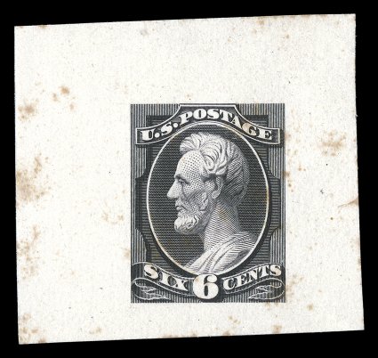 208-E1, 6c Black, die essay on India, mounted on card measuring 43x41mm, a design very nearly identical the final accepted design, except minor differences, including
unfinished shading, some unobtrusive tone spots, otherwise very fine and rare,