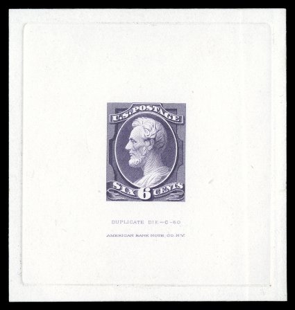 208TC1, 6c Dark violet, large die trial color proof, die sunk on card measuring 70x74mm, showing full die sinkage, with Duplicate Die - C - 60American Bank Note Co. N.Y.
imprint below, choice very fine another scarce and striking large die t