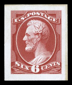 208P2a, 6c Rose, Panama-Pacific small die proof on wove, unusually deep rich color that is quite distinctive from the normally issued color, usual slight paper toning as found
on all existing examples, trivial natural paper inclusion, minor hi