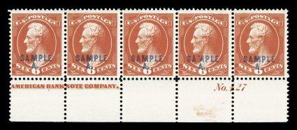 208SD208SL, 6c Lincoln, Specimen and Sample group, consisting of two singles (different shades) with SPECIMEN. type D overprint in red, a 6c Brown red with SAMPLE. overprint
type K in blue on a bottom margin imprint and plate number No