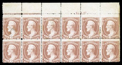 208, 6c Rose, an extremely rare full top margin imprint and plate No. 127 block of eight, strong color, o.g., various flaws such as minor gum toning, small thin spot in top
left stamp, some perf. separations, etc., nonetheless this plate block