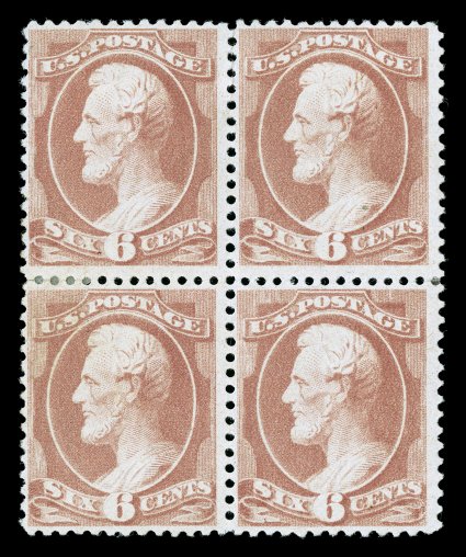 208a, 6c Pale brown red, very scarce mint block of four, considerably stronger color than typically encountered, attractively centered, o.g., minor h.r., a few inconsequential
perf. separations, fine-very fine 1983 PF certificate.