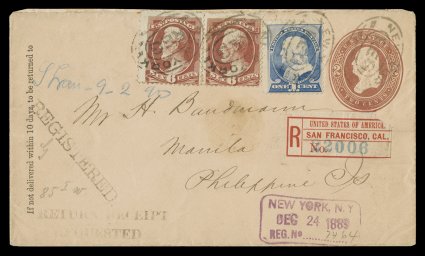 208a, 6c Brown red, used in combination with 1c Ultramarine 1887 issue (212), a pair of the former and a single of the latter tied to 2c Brown stamped envelope of the period,
sent registered return receipt from New York City to Manila, Philip