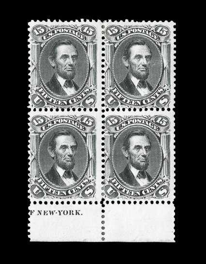 77, 15c Black, a magnificent mint bottom sheet margin block of four, showing a partial National Bank Note Co. imprint at bottom left, extraordinarily fresh and bright, full
clean o.g., lightly hinged, quite fine and impressive an enormously r