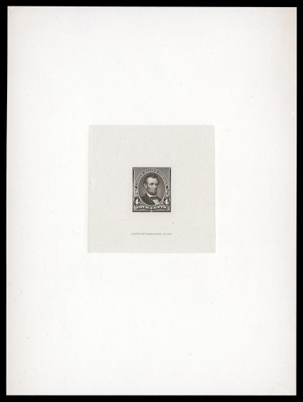 222-E3, 4c Black brown, large die essay on India, Lincoln now facing right but still incomplete with no wart on face and no lines on shirt, die sunk on full size card measuring
142x191mm, with American Bank Note Co. N.Y. imprint at bottom of I