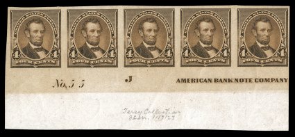 222TC, 4c Lincoln, trial color imperforate plate proofs on gummed stamped paper, two horizontal pairs in Brown and Yellowish brown, a top sheet-margin partial imprint block of
four in Brownish claret (trivial wrinkle), plus a bottom margin Impri
