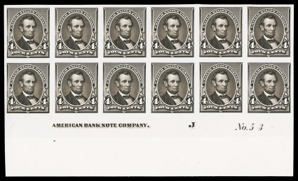 222P3, 4c Blackish brown, plate proof on India, an especially handsome and choice full bottom margin imprint and plate No. 53 block of twelve, mounted on card, rich luxuriant
and distinctive color, exceptionally well margined, extremely fine a