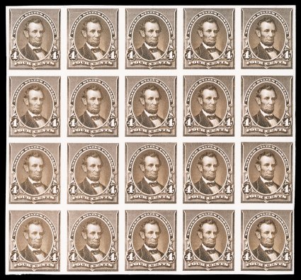 222P4, 4c Brown, plate proof on card, attractive block of twenty (5x4), rich distinctive Brown color, large margins, choice very fine.