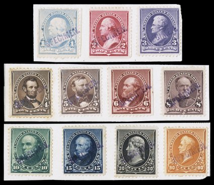 219S-229S, 1890-93 1c-90c Small Bank Note issue, each with diagonal SPECIMEN. handstamp in purple, cplt set of all eleven values, the 2c represented by the Carmine color, all
affixed to three small portions of old German stamp album, this set