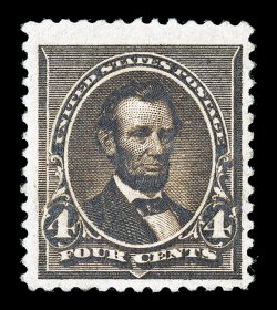 222 var., 4c Blackish brown, deep luxuriant color in a most distinctive Blackish brown shade which is listed in Scott as a shade variety, nicely centered amid especially large
margins, o.g., n.h., very fine 2004 PF certificate specifically iden
