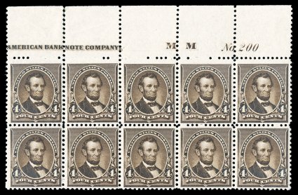 222, 6c Dark brown, full top margin imprint, letter MM and plate No. 200 block of ten, rich luxuriant color and impression on bright paper, exceptionally well centered, o.g.,
six stamps n.h., others l.h., some separated perforations sensibly