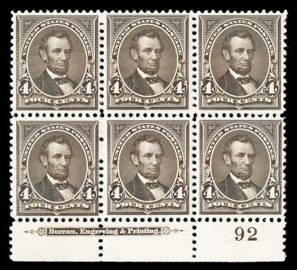 254, 4c Dark brown, bottom margin imprint and plate no. 92 block of six, quite fresh, strong color and a crisp impression on bright paper, attractively centered, o.g., l.h., a
very fine example of this scarce plate block.