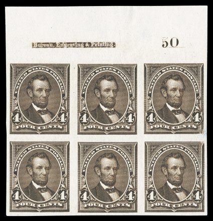 254a, 4c Dark brown, imperforate, an incredibly rare full top margin imprint and plate no, 50 block of six, being one of only two possible top plate blocks in existence, even
margins all around, deep rich color, small facial rub at far right